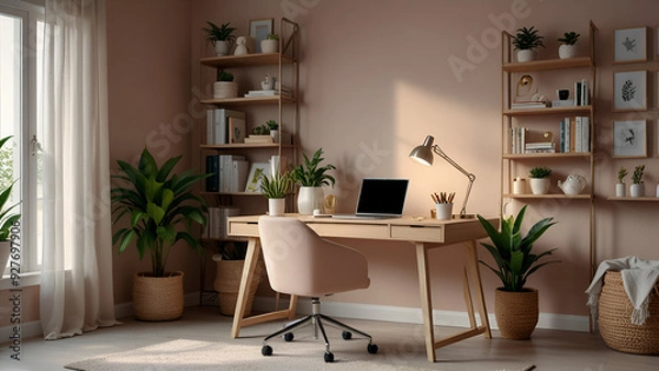 Fototapeta Pastel-colored office interior with light beige chair, desk, lamp, plants, open laptop, and design objects, modern and comfortable teleworking setup.
