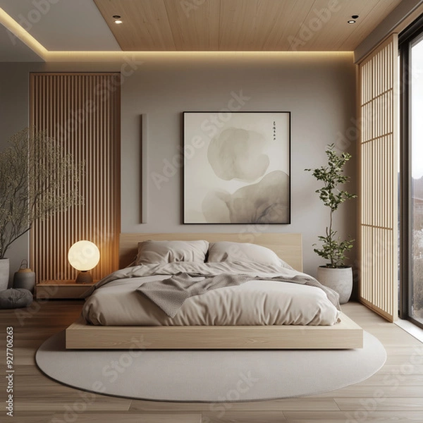 Fototapeta A minimal Japandi bedroom with a koset seamlessly blends Japanese simplicity and Scandinavian functionality