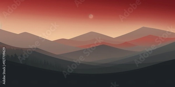 Fototapeta Silhouetted mountain range with a glowing moon in a red sky.