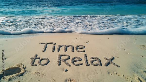 Fototapeta Close-up of the phrase Time to Relax written in smooth, neat script on a sandy beach, with a beach towel and sunglasses nearby. Ai generated