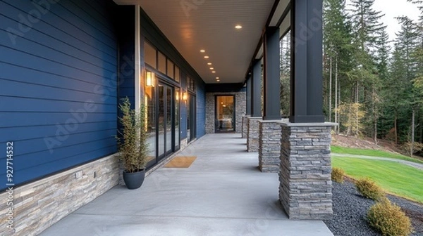 Obraz Blue House with Stone Columns and Planter