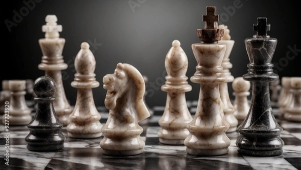 Fototapeta Marble chess pieces arranged on a checkered chessboard