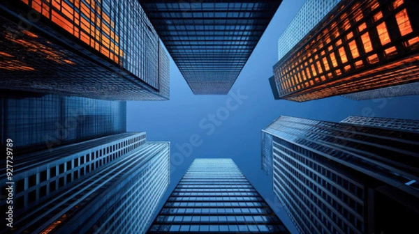 Fototapeta A stunning view of skyscrapers from below, showcasing modern architecture against a vibrant blue sky.