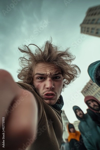 Fototapeta Young Man with Wild Hair Making a Fist in Urban Setting with Friends in Background