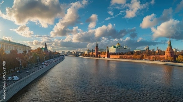 Obraz A peaceful scene of a boat sailing down the Moskva River.