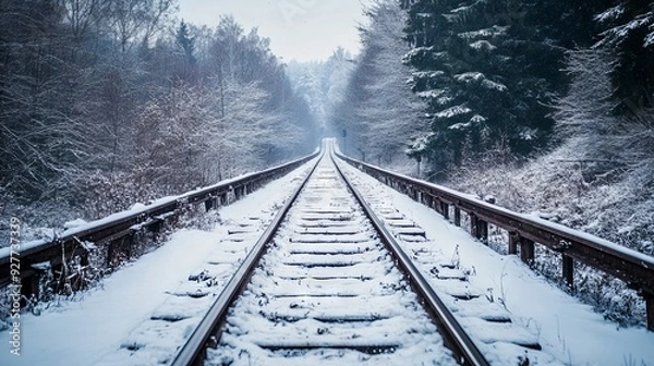 Obraz Old train track with snow landscape -