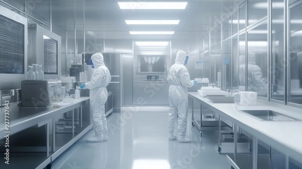 Fototapeta Laboratory specialists in cleanroom attire work on pharmaceutical processes within a sterile environment focused on research and manufacturing