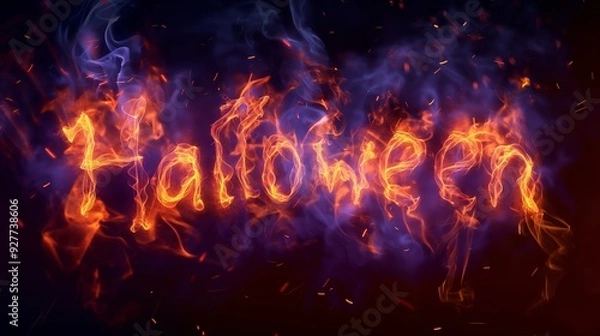 Fototapeta The word Halloween written in orange and yellow smoke on a black background with sparks.