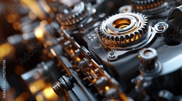 Fototapeta Create 3 prompts for stock photos related to 3D engine gears bring technology with 100-250 characters and ending with