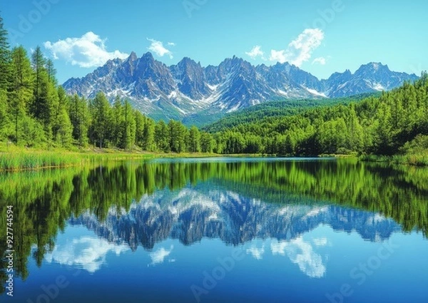 Fototapeta Majestic Mountain Range Reflected in Crystal Clear Lake Surrounded by Lush Green Forests Under a Bright Blue Sky