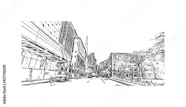 Obraz Print Building view with landmark of   Stanley is the capital in Falkland. Hand drawn sketch illustration in vector.