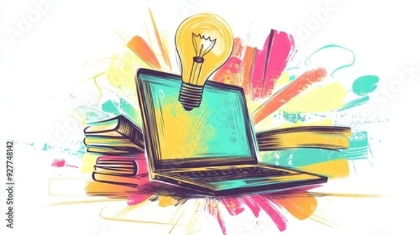 Fototapeta Trendy Halftone Collage Online education concept. Computer laptop with hand, floating books and lightbulb. News course, webinar. Smart thinking and 