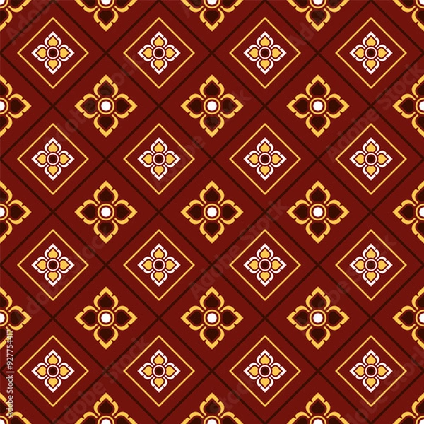 Fototapeta "Elegant Thai pattern seamless design. Ornate diamond grid with golden lotus flowers and intricate details on rich maroon background. Classic Asian pattern for fabric, decor, or digital art projects. 