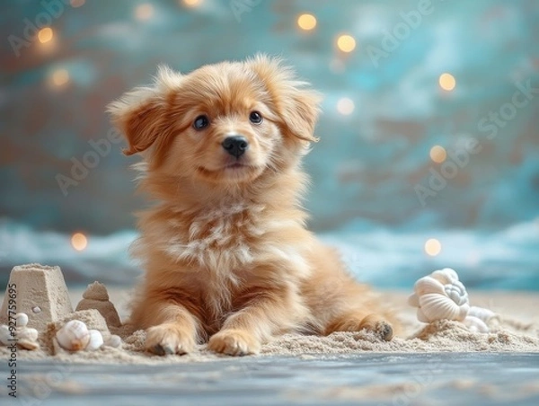 Fototapeta Adorable Fluffy Puppy Playing on Sandy Beach in Front of Dreamy Blue and Twinkling Lights Background, Capturing Pure Cuteness