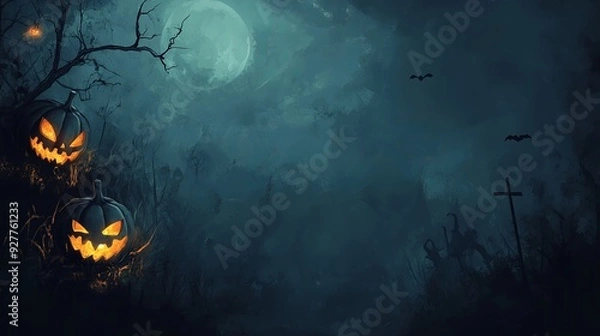 Obraz Halloween background featuring spooky Jackolantern pumpkins at night