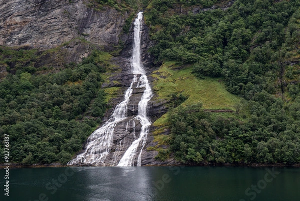 Fototapeta View of a small waterfall over the Lysefjord, a fjord in Norway.