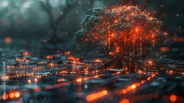 Fototapeta Digital tree with a CPU as the trunk, data lines extending as branches, double exposure style, white background, glowing binary code fruit, minimalistic design, soft glow, hd quality. --ar 16:9 --v 6.