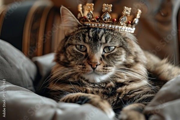 Fototapeta The Regal Feline: A majestic tabby cat, adorned with a glittering crown, exudes an air of regal confidence. The cat's piercing gaze and regal posture command attention, creating a captivating portrait