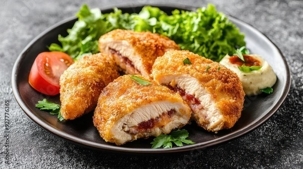 Fototapeta Crispy Chicken Cordon Bleu with a Side of Salad