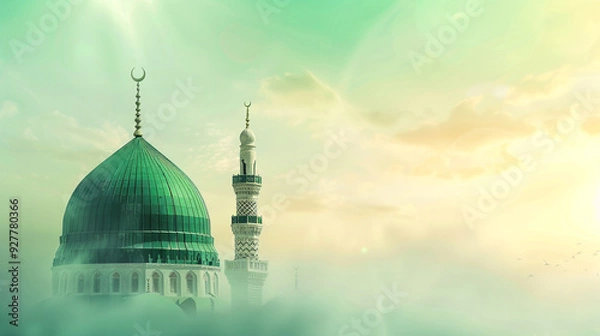 Fototapeta A poster for a mosque with a green dome and a mosque in the background. Milad un Nabi banner and Islamic background with Mawlid al Nabi celebration poster