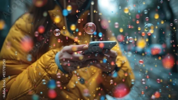Obraz Woman Using Smartphone with Bubbles