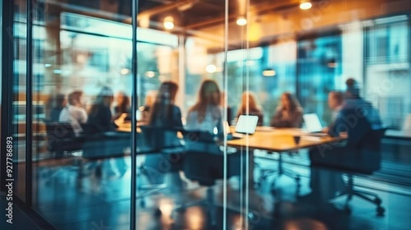 Fototapeta Blurred silhouettes of business people in a modern office setting with sunlight filtering through large windows. AI generated image