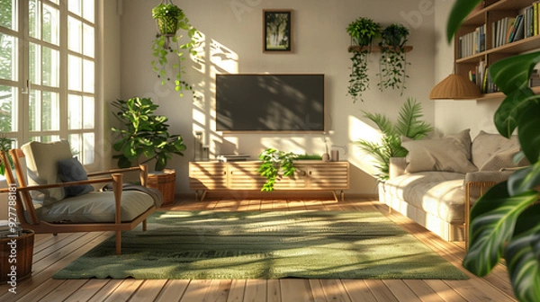 Fototapeta Explore the charm of interior design with a living and guest room featuring warm wooden floors, set against a white background. This setting combines comfort and style in a harmonious living space.


