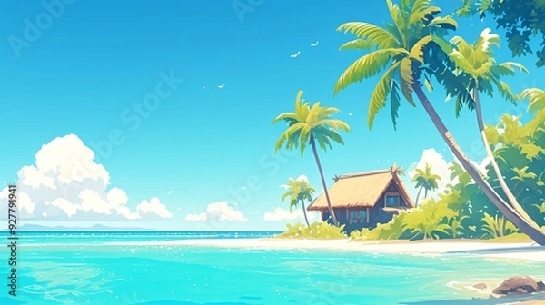 Fototapeta Tranquil Secluded Paradise Island with Thatched-Roof Bungalow and Palm Tree by the Ocean for Copy Space View