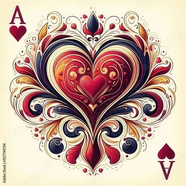 Fototapeta A beautifully ornate heart design featuring the Ace of Hearts, perfect for playing cards, romantic themes, or decorative art projects.