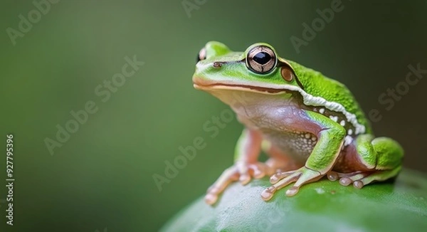 Fototapeta A close-up of a green and brown frog resting on a knitted garment in a natural setting