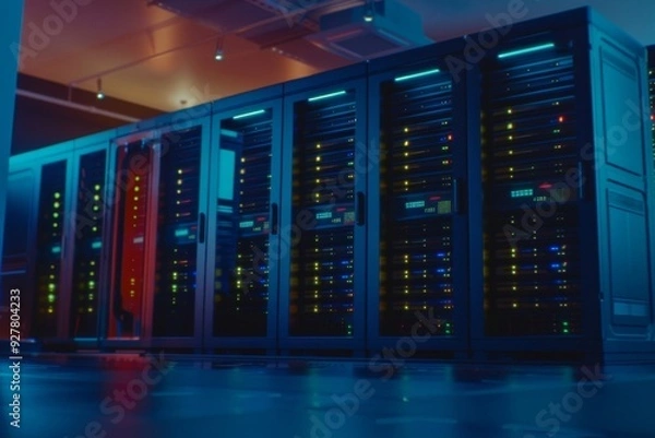 Obraz A Photography of A bustling data center with rows of servers and technicians working diligently to process and manage vast amounts of information, showcasing the world of big da