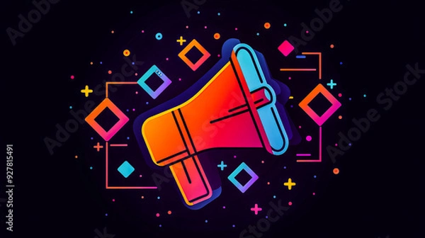 Fototapeta Megaphone with vibrant graphic elements on a black background, symbolizing powerful communication and business marketing 