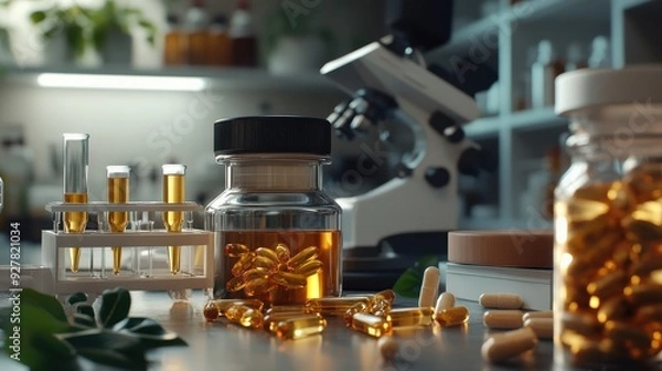 Obraz In a modern lab, researchers work with vials and capsules to create new pharmaceutical compounds