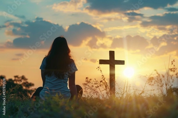 Obraz Woman Praying on Knees with Cross Behind During Sunrise Background.