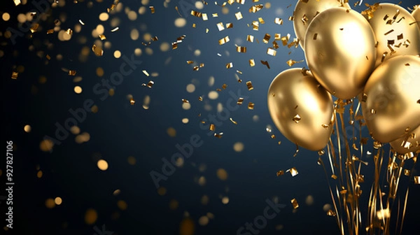 Fototapeta Party confetti Balloons Graphic Gold balloon birthday background vector banner ballon orange happy A shiny gold balloon floating solo on an isolated black background, Generative AI


