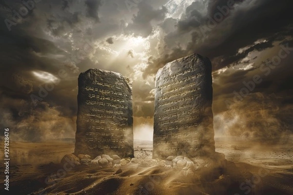 Obraz Two Stone Tablets Representing the Ten Commandments in Desert Scene.