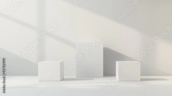 Fototapeta Minimalist white space, floating shapes and shadows, 3D illustration