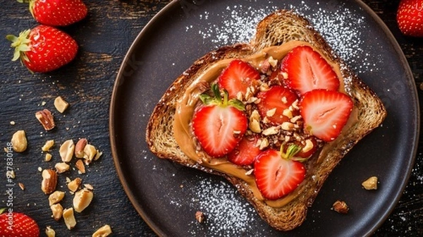 Fototapeta A creative peanut butter and chocolate swirl toast, topped with sliced strawberries and a sprinkle of crushed nuts, served on a rustic plate