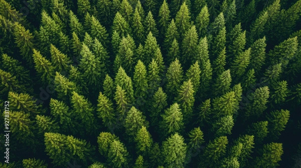 Fototapeta Aerial view of lush fir trees forming a dense forest.
