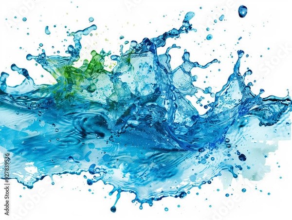 Fototapeta Splash of water with green and blue colors on a white backdrop