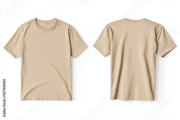 Obraz Beige empty blank front and back side t-shirt mockup template close up detail on white background, close up detail.