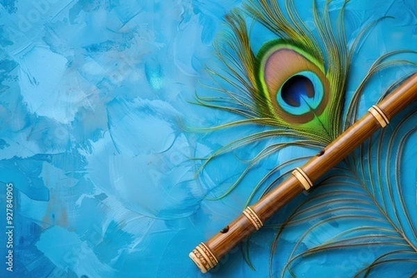 Fototapeta Bamboo flute adorned with peacock feather symbolizing Lord Krishna during Janmashtami photographed on blue background with space for text