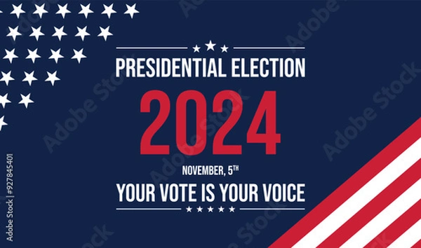Fototapeta USA 2024 Presidential Election background with American flag colors design. Election event banner, card, poster, template, voting communication, background. Vote day, November 5. Vector illustration.