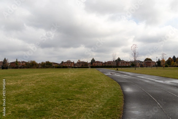 Fototapeta Overcast sky above a winding park path leading towards suburban houses, flanked by expansive green lawns and sparse autumn trees. Taken in Toronto, Canada.