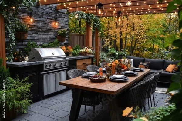 Obraz Trendy outdoor kitchen decorated for fall with warm lighting and autumnal elements