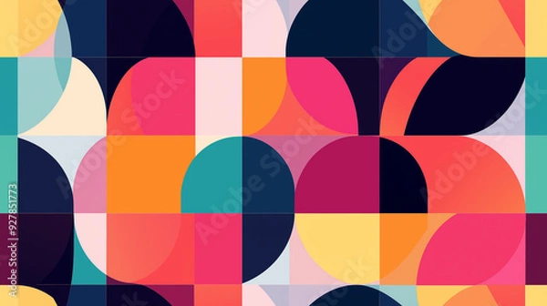 Obraz Geometric abstract pattern featuring bold, overlapping circles and squares in vibrant colors such as red, orange, teal, and navy on a grid layout.