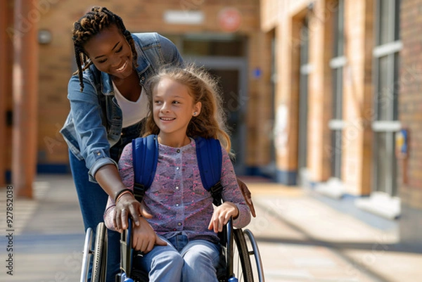 Fototapeta An african american teacher assists a caucasian girl in wheelchair in the schoolyard