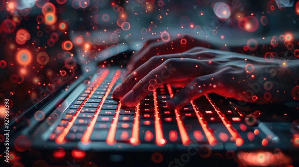 Fototapeta A close-up of hands typing on a sleek laptop keyboard, with digital icons floating around