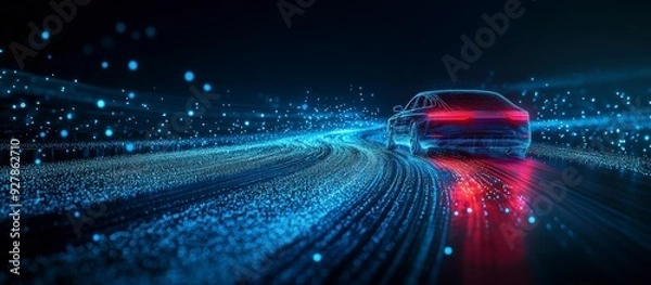 Fototapeta A futuristic car made of glowing lines and dots drives on a road of light streaks.