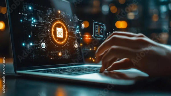 Fototapeta Businessman Using Laptop for ISO Standards, Quality Assurance and Warranty Management in Technology-Focused Setting